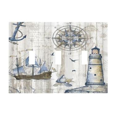 Imagem de Xuejiaku Capa de interruptor de luz âncora náutica rústica barco à vela bússola farol madeira 3 gangues placa de interruptor de luz tripla placa interruptor decorativo capas de tomada placa elétrica