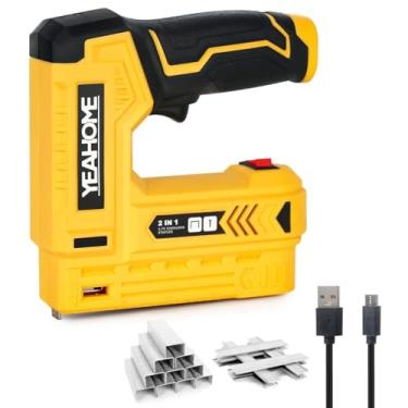 Imagem de YEAHOME Pistola elétrica grampeadora, grampeador/grampeador elétrico 2 em 1, grampeador sem fio de 4 V com cabo de carregador USB, 1000 grampos para estofamento, reparo de material e carpintaria