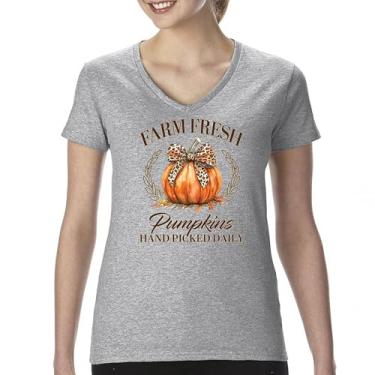 Imagem de Camiseta feminina gola V Farm Fresh Pumpkins outono aconchegante estação do labirinto de milho festival dia de ação de graças peru outono linda camiseta, Cinza, G