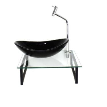 Imagem de Kit cuba de vidro oval 10mm preta com tampo 40cm incolor e suporte pre