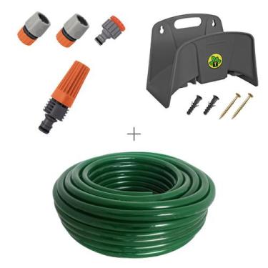Imagem de Kit mangueira siliconada para jardim verde 30m com esguicho e engate r