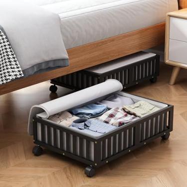 Imagem de Recipientes de armazenamento sob a cama de bambu com rodas, 2 caixas de armazenamento de sapatos sob a cama, organizador de gavetas embaixo da cama de madeira para quarto, armário, cobertor de roupas
