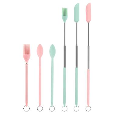 Imagem de Espátula telescópica e colher, 2 miniespátulas, 2 colheres telescópicas, 2 miniescovas de óleo, conjunto de espátulas de silicone retráteis para cozinha, comida, garrafa estreita, cosméticos (rosa,