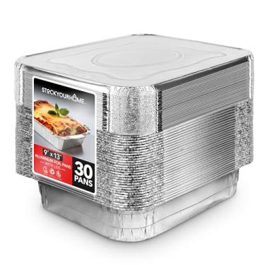 Imagem de Stock Your Home Conjunto de 30 frigideiras descartáveis de alumínio com tampas de 9 x 13 - (30) panelas de alumínio resistentes com tampas 23 x 30 (30) tampas de panela, recipientes de catering de