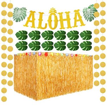 Imagem de 22 peças de decoração de festa havaiana Aloha incluindo grande faixa Aloha brilhante folhas verdes tropicais e saia de mesa luau havaiana saia de grama para tema de verão aniversário praia piscina suprimentos (ouro)