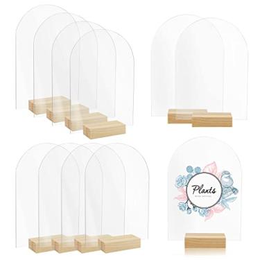 Imagem de Bercoor Pacote com 10 placas de acrílico de arco transparente em branco de 12,7 x 18,8 cm com suportes de madeira, folha acrílica arqueada, números de mesa em arco de acrílico faça você mesmo para cartões de nome, presentes, eventos, festas, decoração