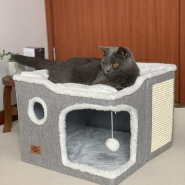 Imagem de Heerduos cama de gato para gatos internos, casa de caverna de gato coberta e móveis com almofada de arranhar, cabana de refúgio de gato dobrável condomínio de gato bonito com tapete lavável