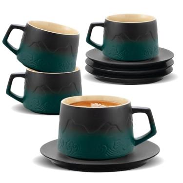 Imagem de BOILMERIT Conjunto de 4 xícaras de cappuccino de 227 g com pires, canecas de cappuccino de cerâmica em relevo para café com leite, xícaras de café verde gradiente pulverizadas à mão para chá