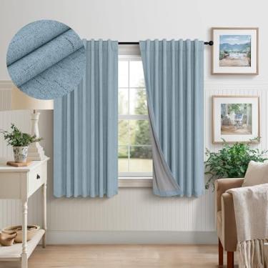 Imagem de Cortinas de escurecimento de quarto azul claro para quarto fofas 113 cm de comprimento, 2 painéis de algodão, linho, texturizadas, cortinas blackout curtas para janela pequena, berçário, meninos,