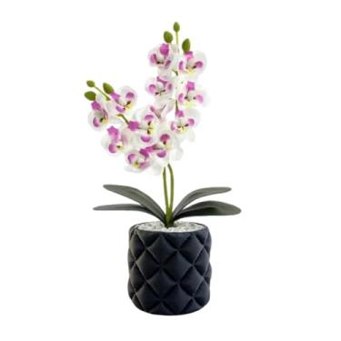 Imagem de Vaso Decorativo com Orquídea Artificial 30cm Premium (Vaso Preto/Orquidea Branco e Rosa)