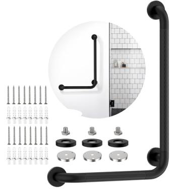Imagem de Barra de apoio angular preta fosca 40,6 x 61 cm, barra de segurança para banheiro iHansee com aderência serrilhada antiderrapante, suporte de parede em forma de L para idosos deficientes, corrimão de