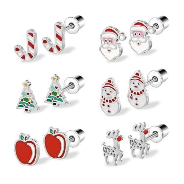 Imagem de AOEDEJ Brincos de Natal para mulheres, joias de Natal para mulheres, brincos de árvore de Natal, bengalas doces em massa, Papai Noel, bonecos de neve, rena e maçãs vermelhas, Aço inoxidável, Sem pedra