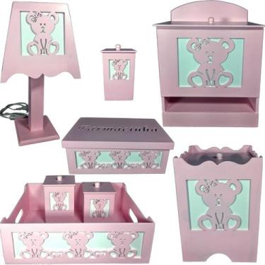 Imagem de kit higiene bebe mdf decorado 8pçs - URSINHA ROSA - Flores para Mariae