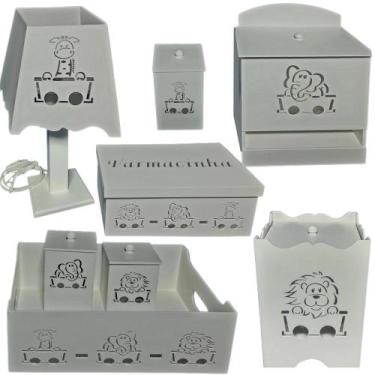 Imagem de kit higiene bebe mdf decorado 8pçs - SAFARI BRANCO - Flores para Maria