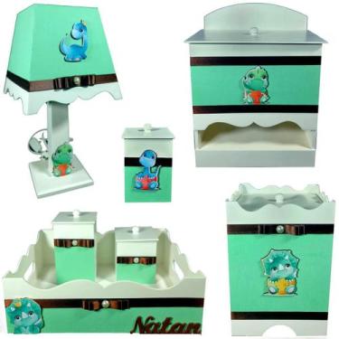 Imagem de Kit Higiene bebê Mdf decorado 7 pçs - DINOSSAURO BABY VERDE - Flores p