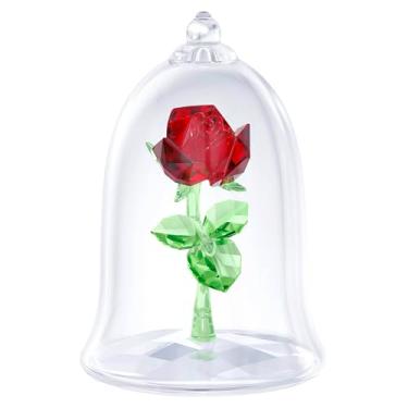 Imagem de Swarovski Rosa encantada A Bela e a Fera, cristal vermelho e verde com base transparente e frasco de vidro soprado na boca, parte da coleção A Bela e a Fera