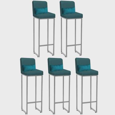 Imagem de Kit 05 Banqueta Alta com Encosto Lucca Industrial Cozinha Balcão Ferro Cinza Suede Azul Turquesa e Almofada Azul Turquesa - Ahz Móveis