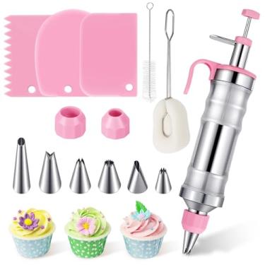 Imagem de Kit de pistola de decoração de bolo, conjunto de pistola de decoração de gelo rosa injetor de cupcake de aço inoxidável/conjunto de cobertura de decoração com 6 bocais, 3 raspadores, 2 pincéis para