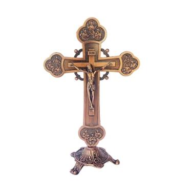 Imagem de Crucifixo de Mesa em Metal 20cm com os 12 Apóstolos Pedestal Proteção Decoração (BRONZE)