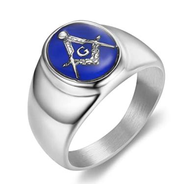 Imagem de INRENG Anel maçônico de aço inoxidável banhado a ouro para homens e mulheres azul G Lodge Master Mason Signet Band, Metal, Sem pedra preciosa