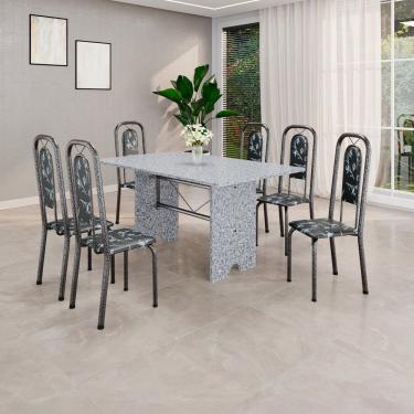 Imagem de Conjunto de Mesa Tubular 140cm X 75cm Tampo Granito Ocre com 6 Cadeiras Lara Preto/Prata