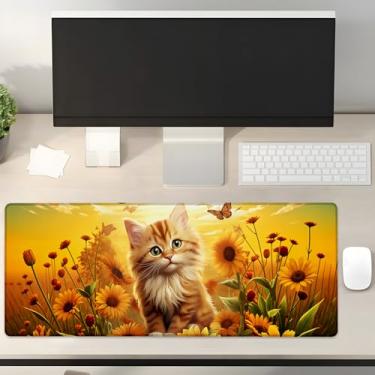 Imagem de Turamurra Mouse pad para jogos de gato girassol presentes 80 cm x 30 cm, base de borracha antiderrapante para computadores, laptop, escola, escritório, acessórios para casa, decoração, mouse pad