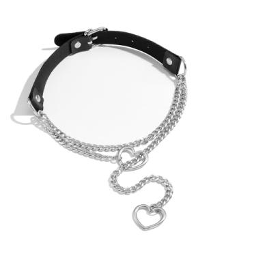 Imagem de Dtexhif Colar de corrente deslizante com gargantilha de couro, aço inoxidável, elos cubanos, colar de lariat longo, punk rock, coração, colar, feito à mão, para mulheres, Large, Couro sintético, Sem