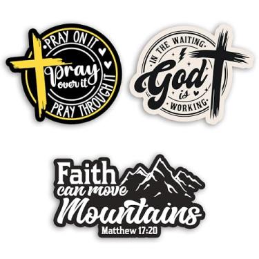 Imagem de Conjunto de 3 peças Pray On It Over It Through It, in The Waiting God is Working, F*ith Can Move Mountains Sticker Cross Christian Bible Jesus ReligiousWaterproof 5 cm Die Cut Vinyl para garrafa de
