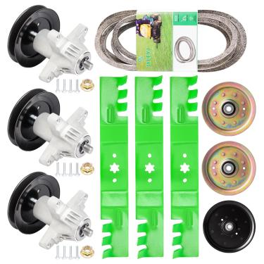 Imagem de Kit de reconstrução de cortador de grama 54 compatível com MTD Cub Ca det Troy-Bi lt RZT 54 S54 Z6600 Inclui 3 eixos 918-05137, 3 lâminas 942-0677, 2 tensores 756-04129B, 1 polia 756-044-044 511B, 1
