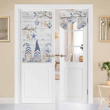 Imagem de Cortinas de porta para janelas de porta, cortinas de janela de porta de gnomo concha de estrela do mar de verão para portas de vidro francesas, cortinas de janela pequenas de madeira rústica azul 66 x