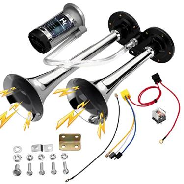 Imagem de HK Kit de buzina de trem a ar 150DB para carro, trompete duplo de zinco cromado super alto com compressor para qualquer caminhão de 12 V, caminhões, trens, vans barcos (prata)
