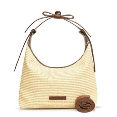 Imagem de QTKJ Bolsa de palha, bolsa de ráfia, sacola de grande capacidade, bolsa de praia para viagens de férias diárias, marrom, Caqui, One Size