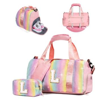 Imagem de Vogewood Presente para filhas, meninas, meninas, bolsa de ginástica com compartimento para sapatos, bolsas de fim de semana personalizadas para crianças, bolsa de viagem inicial com bolsa de maquiagem