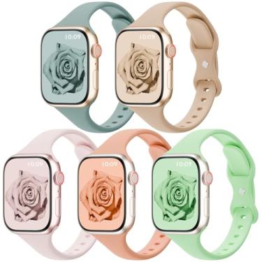 Imagem de Pacote com 5 pulseiras finas de silicone compatíveis com Apple Watch Ultra 3 2 e 1 séries 11/10/9/8/7/SE/6/5/4 de 38 mm, 42 mm, 40 mm, 44 mm, 41 mm, 45 mm, 46 mm e 49 mm, para iWatch Ultra 3 2 1