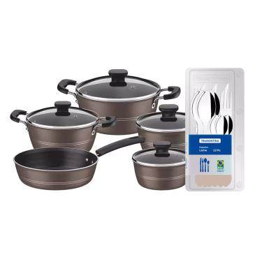 Imagem de Conjunto de Panelas Tramontina Sicilia com Revestimento Starflon Excellent Avelã – 5 Peças + Faqueiro 12 Peças Tramontina Leme - Cinza