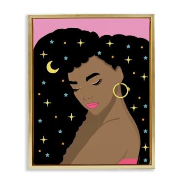 Imagem de Stupell Industries Mulher com cabelo estrelado moldura dourada flutuante, arte de parede, design de Daniela Santiago, 25 x 31