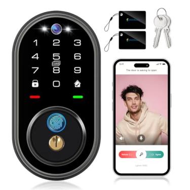 Imagem de Jacchozhi Fechadura inteligente de impressão digital com câmera, fechadura de porta de entrada sem chave para porta da frente, fechadura inteligente de vídeo com campainha, Wi-Fi integrado de 2,4 GHz