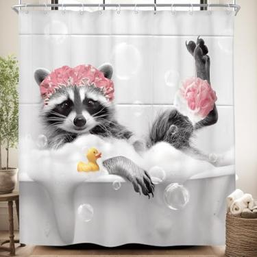Imagem de Riyidecor Cortina de chuveiro infantil engraçada guaxinim na banheira vintage rosa cinza hilário animal selvagem rústico fazenda 182 cm L L x 182 cm A decoração de tecido de vida selvagem para