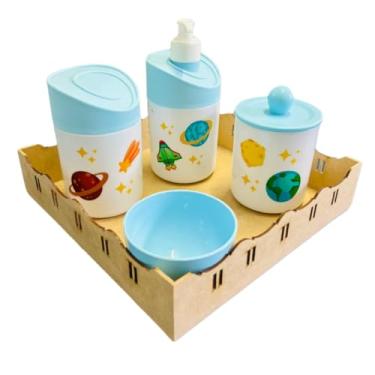 Imagem de Kit Higiene Baby Planetas Menino c/bandeja em MDF (Quadrada Crua/Azul)