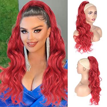Imagem de CINHOO Extensão De Cabelo Com Cordão Ondulado E Rabo Cavalo 24" Comprimento, Sintético Cacheado, Aplique Para Mulheres, Vermelho (24 Polegadas, A14 Vermelho)