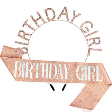 Imagem de AOPRIE Coroa de aniversário para mulheres com faixa de ouro rosa piscando, tiara de aniversário rosa para mulheres, tiara de aniversário, coroa de princesa, strass, acessórios de feliz aniversário