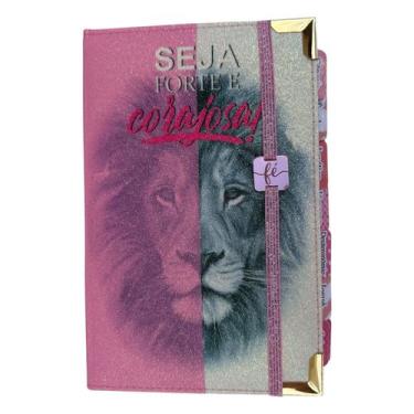 Imagem de Biblia NVI Glitter 100% Leão faces rosas com Abas adesivas + elástico 