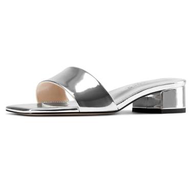 Imagem de TNYNFBEB Sandália feminina de salto baixo com bloco grosso, bico quadrado, bico aberto, sapatos mules, sem cadarço, vestido de festa de formatura, couro envernizado, salto de 3,5 cm, Prata, 36