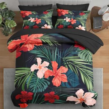 Imagem de Pamnest Jogo de edredom Queen, havaiano colorido de verão, 7 peças, para crianças e adultos, plantas tropicais, hibisco, lençol com elástico, 2 fronhas e 2 fronhas para decoração de quarto