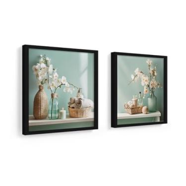Imagem de kit 2 quadros decorativos banheiro, lavabo, toalete, flores, cyan, vasos, moldura e vidro 18x18 cm (Preto)