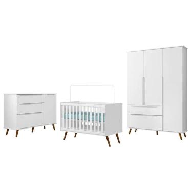 Imagem de Dormitório Melinda Guarda Roupa, Cômoda Com Porta E Berço Retrô Branco Acetinado - Phoenix Baby Branco Acetinado