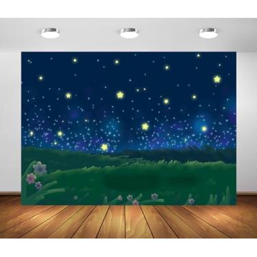 Imagem de BELECO Tecido de 2,7 x 1,8 m de fundo noturno estrelado céu estrelas vaga-lume desenho animado grama verde gramado acampamento festa fundo estrelado decorações banner bebê crianças sessão de
