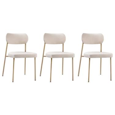 Imagem de Conjunto 3 Cadeiras Lavínia Linho Bege/aço Champanhe - Salaone Linho Bege/aço Champanhe