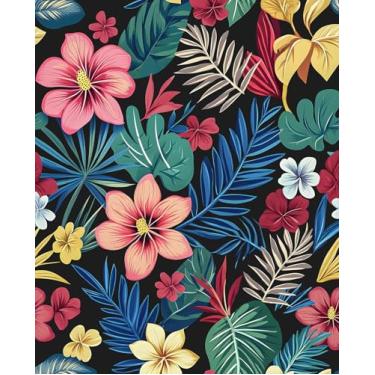 Imagem de VOLEAAR Papel de parede colorido extra longo, papel de contato floral boho autoadesivo para quarto, banheiro, cubículo, porta, armário, papel de parede de folha azul rosa escuro tropical, removível