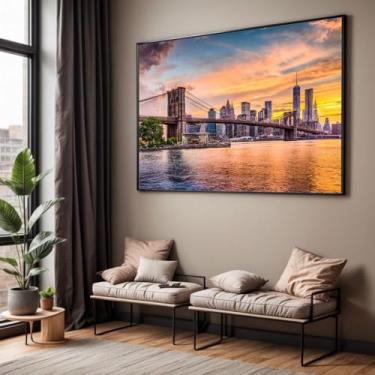 Imagem de Quadro com Moldura Sala Quarto Paisagem Ponte Nova York Decorativo Horizontal Grande Hall